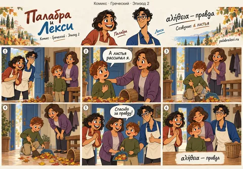 Греческий, эпизод 2: αλήθεια — правда. Мальчик говорит маме правду: а листья в прихожей рассыпал он, — и тут же сметает их веником.