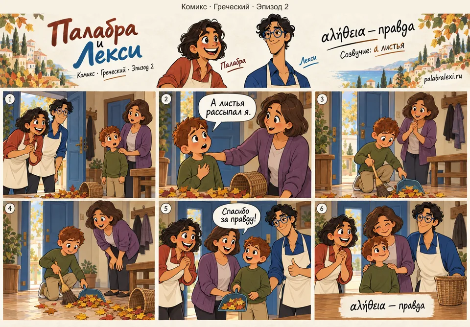 Греческий, эпизод 2: αλήθεια — правда. Мальчик говорит маме правду: а листья в прихожей рассыпал он, — и тут же сметает их веником.