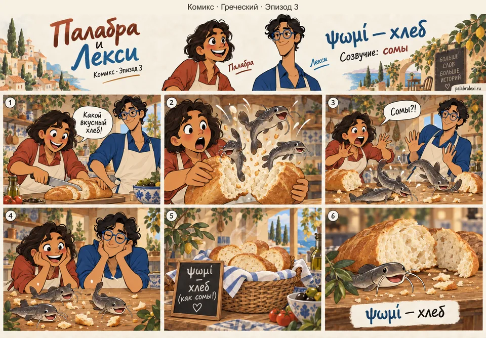 Греческий, эпизод 3: ψωμί — хлеб. Разламываешь батон хлеба, а из мякиша выпрыгивают усатые сомы и шлёпаются на стол.