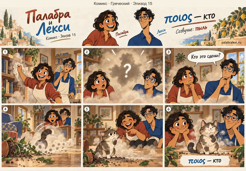 Греческий, эпизод 15: ποιος — кто. Кто-то поднял пыль в комнате, и все спрашивают: 'Кто это сделал?'