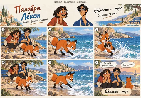 Греческий, эпизод 4: θάλασσα — море. Та лиса на берегу осторожно трогает лапкой волну, а море шумит и пенится.