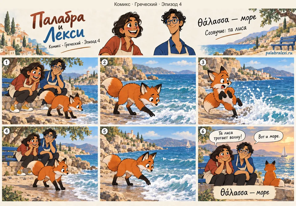 Греческий, эпизод 4: θάλασσα — море. Та лиса на берегу осторожно трогает лапкой волну, а море шумит и пенится.