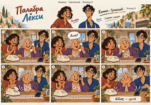Греческий, эпизод 5: άλλος — другой. Бабушка говорит в трубку «алло», слышит чужой голос и берёт другой телефон со стола.