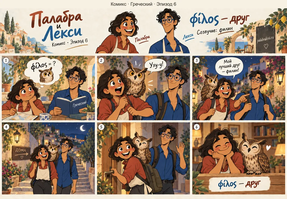 Греческий, эпизод 6: φίλος — друг. Твой лучший друг — филин: сидит на плече, ухает и провожает тебя до самого дома.