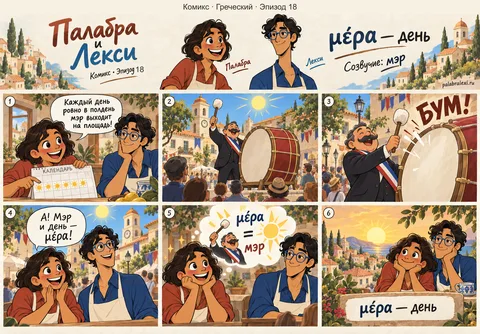 Греческий, эпизод 18: μέρα — день. Каждый день ровно в полдень мэр выходит на площадь и бьёт в огромный барабан.