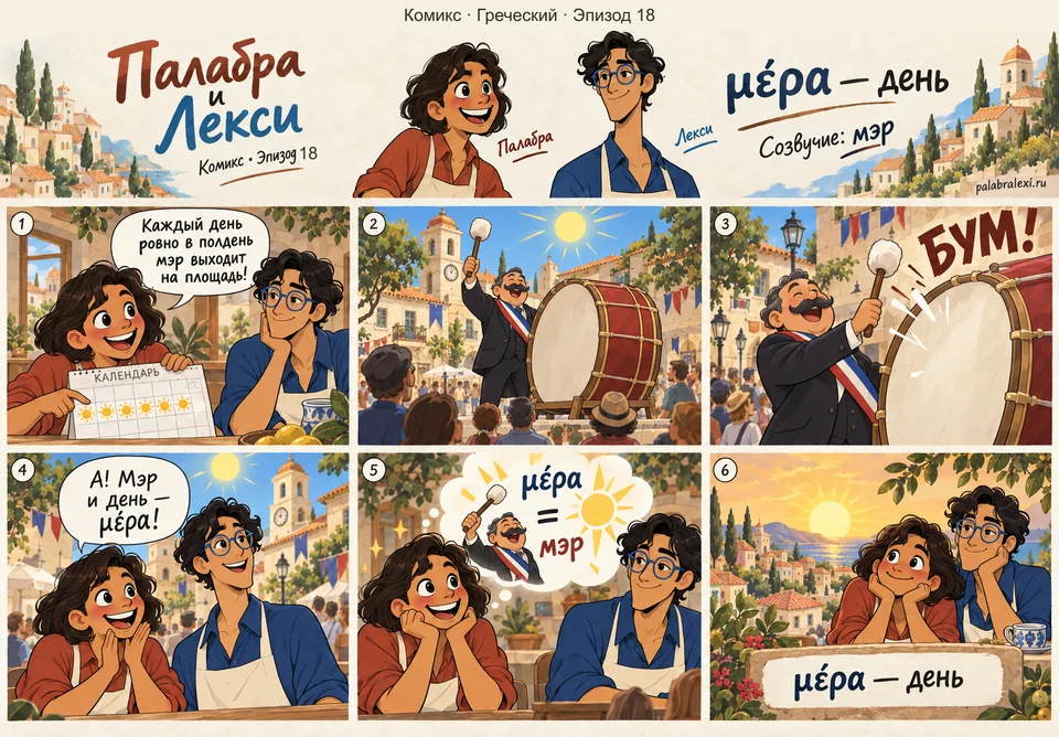 Греческий, эпизод 18: μέρα — день. Каждый день ровно в полдень мэр выходит на площадь и бьёт в огромный барабан.