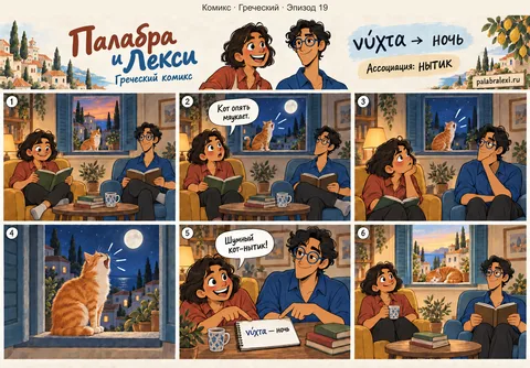 Греческий, эпизод 19: νύχτα — ночь. Всю ночь под окном сидит нытик и ноет на луну — заснуть невозможно.
