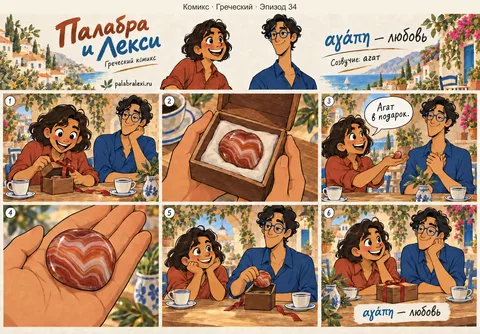 Греческий, эпизод 34: αγάπη — любовь. Любовь дарит агат: тёплый камень пульсирует в ладони, как маленькое сердце.