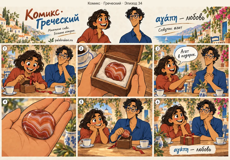 Греческий, эпизод 34: αγάπη — любовь. Любовь дарит агат: тёплый камень пульсирует в ладони, как маленькое сердце.