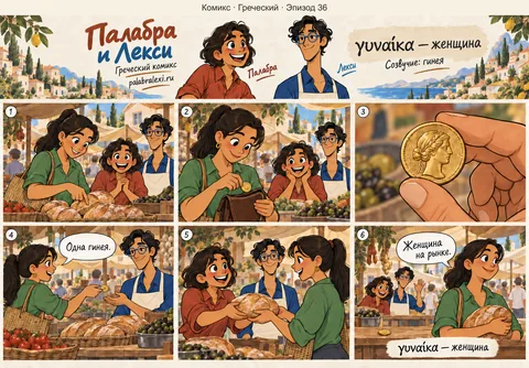 Греческий, эпизод 36: γυναίκα — женщина. Женщина расплачивается на рынке золотой гинеей — монета сверкает в её пальцах.