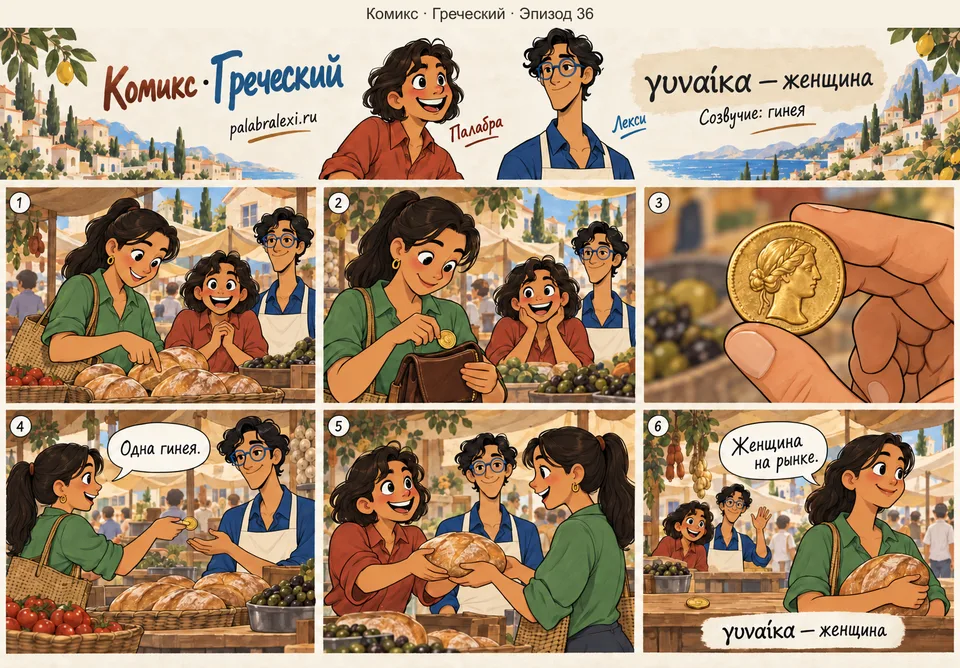Греческий, эпизод 36: γυναίκα — женщина. Женщина расплачивается на рынке золотой гинеей — монета сверкает в её пальцах.