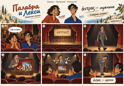 Греческий, эпизод 24: άντρας — мужчина. В антракте на сцену выходит мужчина с чемоданом и начинает свой собственный спектакль.