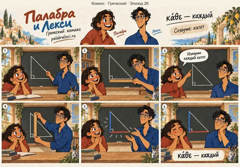 Греческий, эпизод 26: κάθε — каждый. Учитель просит измерить каждый катет прямоугольного треугольника, и ученики по очереди прикладывают линейку к обоим.
