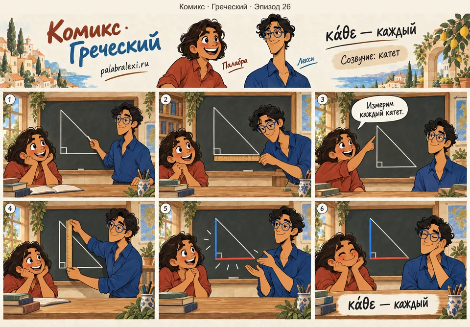 Греческий, эпизод 26: κάθε — каждый. Каждый из двух катетов прямоугольного треугольника измеряют отдельно.