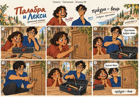 Греческий, эпизод 38: πράγμα — вещь. Прагматик хватает нужную вещь со стола, не тратя время на раздумья о мелочах.