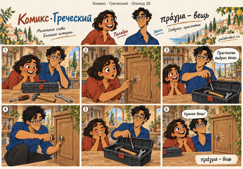 Греческий, эпизод 38: πράγμα — вещь. Прагматик хватает нужную вещь со стола, не тратя время на раздумья о мелочах.