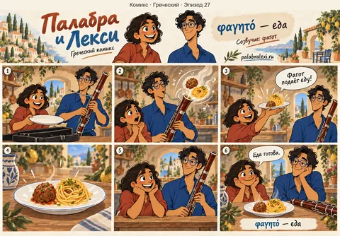 Греческий, эпизод 27: φαγητό — еда. Из фагота вместо музыки вылетает еда: котлеты, макароны — успевай подставлять тарелку.