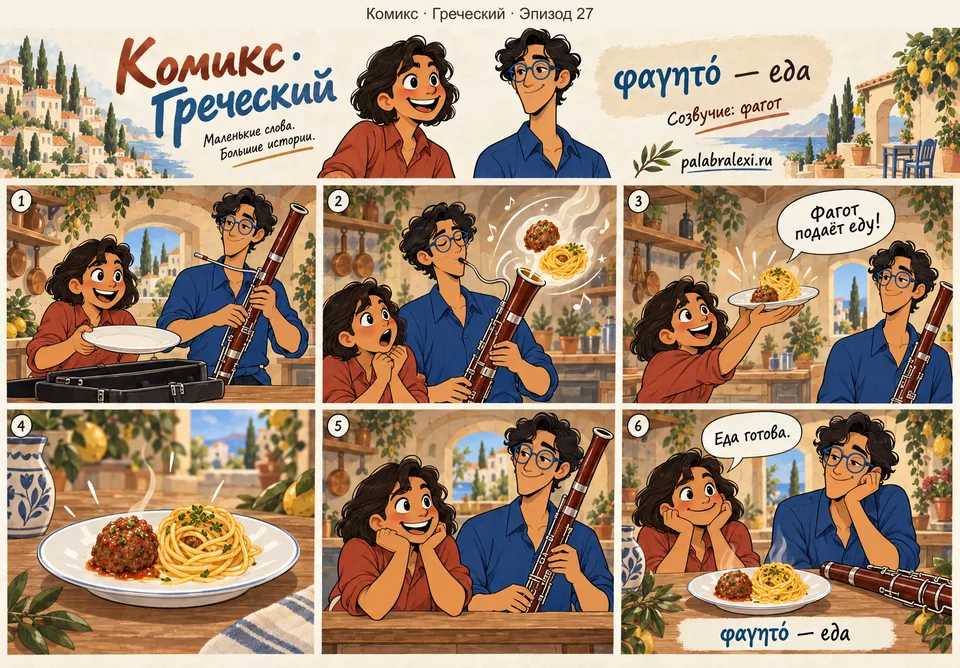 Греческий, эпизод 27: φαγητό — еда. Из фагота вместо музыки вылетает еда: котлеты, макароны — успевай подставлять тарелку.