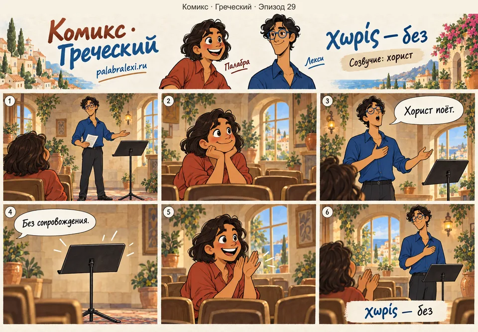 Греческий, эпизод 29: χωρίς — без. Хорист поёт без музыкального сопровождения; на сцене только певец и пустой пюпитр.