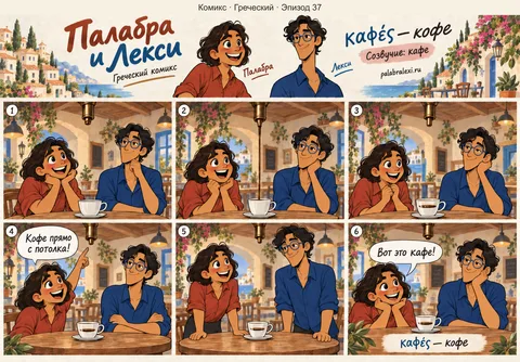 Греческий, эпизод 37: καφές — кофе. В кафе кофе наливают прямо с потолка — подставляй чашку выше и лови струю.