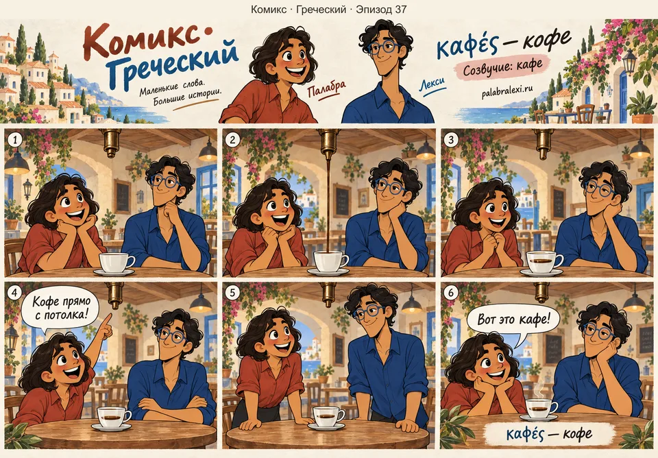 Греческий, эпизод 37: καφές — кофе. В кафе кофе наливают прямо с потолка — подставляй чашку выше и лови струю.