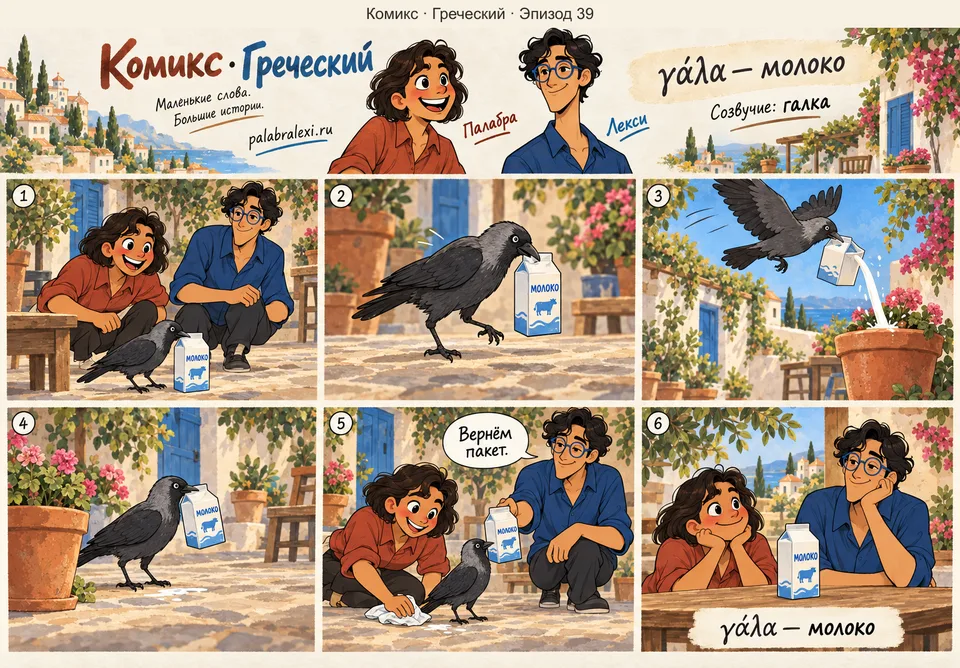 Греческий, эпизод 39: γάλα — молоко. Галка утащила пакет молока, летит и поливает белой струёй весь двор.