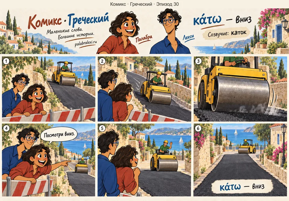 Греческий, эпизод 30: κάτω — вниз. Тяжёлый каток едет вниз по склону, придавливая асфальт всё ниже и ниже.