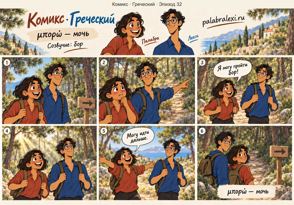Греческий, эпизод 32: μπορώ — мочь. Ты стоишь у соснового бора и понимаешь, что МОЖЕШЬ пройти сквозь лес без страха.