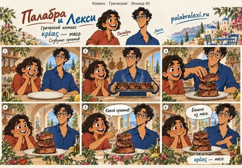 Греческий, эпизод 40: κρέας — мясо. Повар с креативом выкладывает приготовленное мясо башней на тарелке.