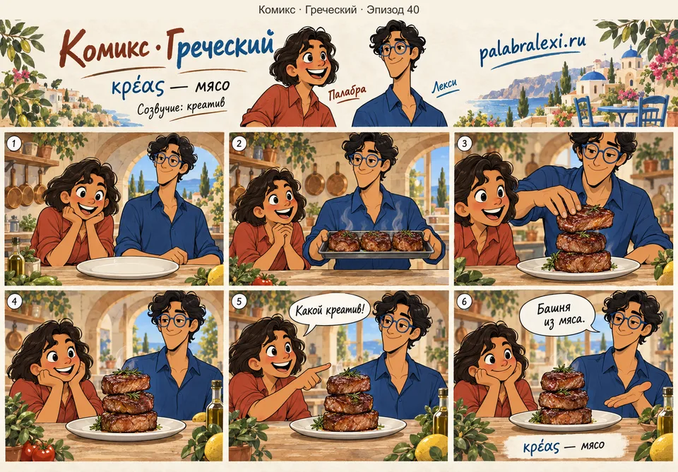 Греческий, эпизод 40: κρέας — мясо. Повар с креативом выкладывает приготовленное мясо башней на тарелке.