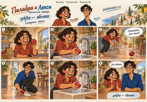 Греческий, эпизод 50: μήλο — яблоко. Кусаешь яблоко, а оно скользкое как мыло — выскальзывает и прыгает по полу.
