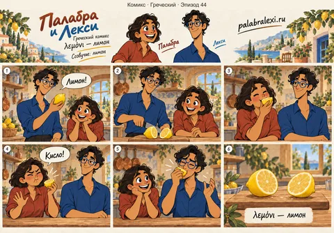 Греческий, эпизод 44: λεμόνι — лимон. Лекси разрезает лимон, а Палабра пробует его и морщится от кислого вкуса.