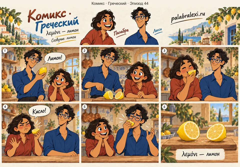 Греческий, эпизод 44: λεμόνι — лимон. Лекси разрезает лимон, а Палабра и Лекси пробуют его и замечают кислый вкус.
