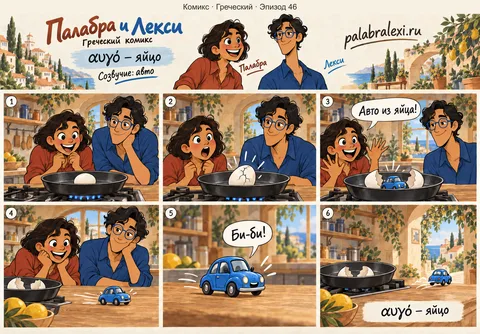 Греческий, эпизод 46: αυγό — яйцо. Из яйца вылупляется крошечное авто, бибикает и уезжает прямо со сковородки.