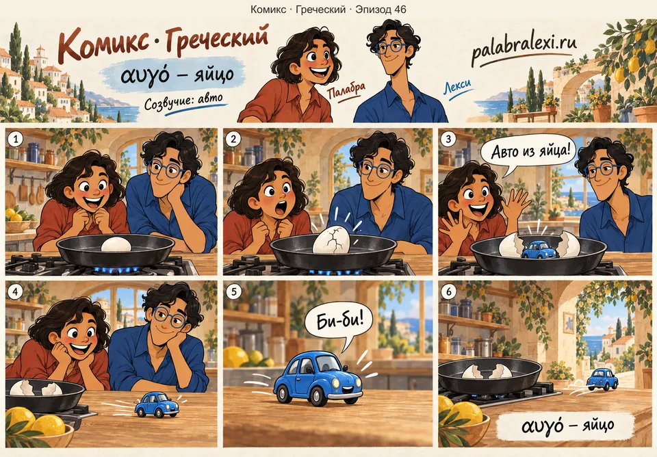 Греческий, эпизод 46: αυγό — яйцо. Из яйца вылупляется крошечное авто, бибикает и уезжает прямо со сковородки.