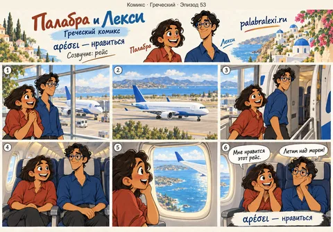 Греческий, эпизод 53: αρέσει — нравиться. Друзья садятся в самолёт; Палабре нравится рейс над морем.