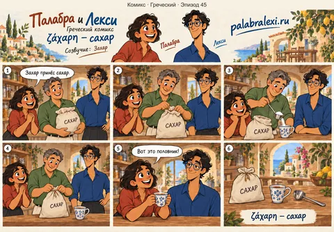 Греческий, эпизод 45: ζάχαρη — сахар. Захар принёс сахар и насыпает его в чай маленьким половником.