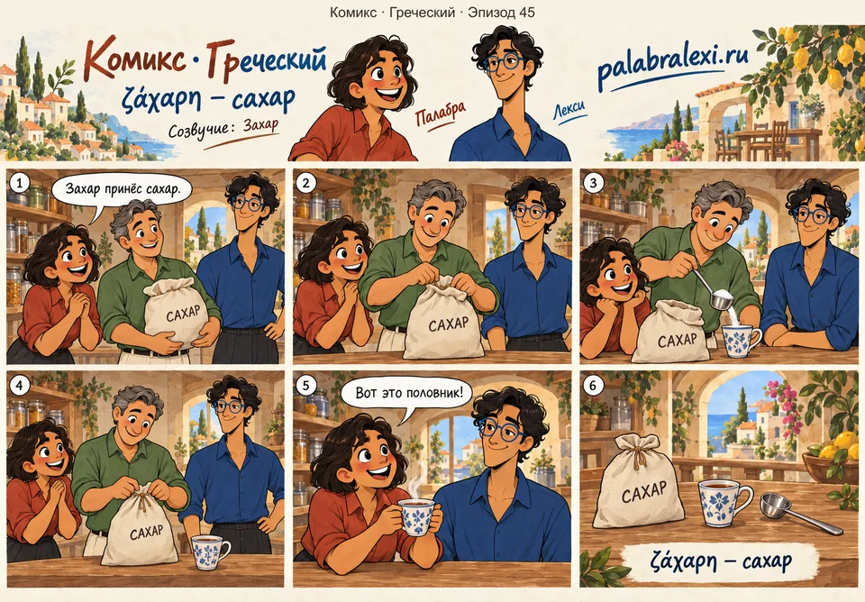Греческий, эпизод 45: ζάχαρη — сахар. Захар принёс сахар и насыпает его в чай маленьким половником.