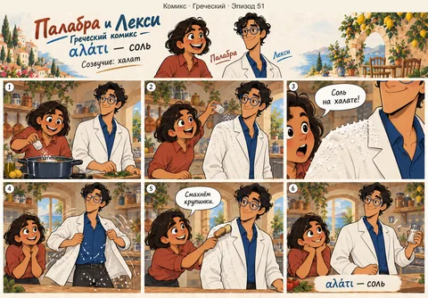 Греческий, эпизод 51: αλάτι — соль. Лекси надевает белый халат, случайно рассыпает соль и стряхивает её с одежды.