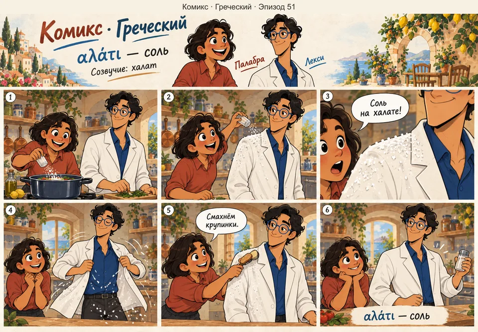Греческий, эпизод 51: αλάτι — соль. Лекси надевает белый халат, случайно рассыпает соль и стряхивает её с одежды.