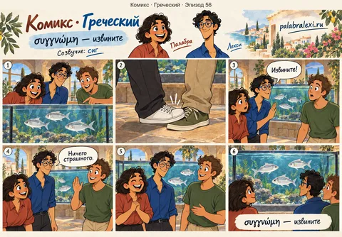 Греческий, эпизод 56: συγγνώμη — извините. У аквариума с сигами Лекси случайно наступает посетителю на ногу и извиняется.