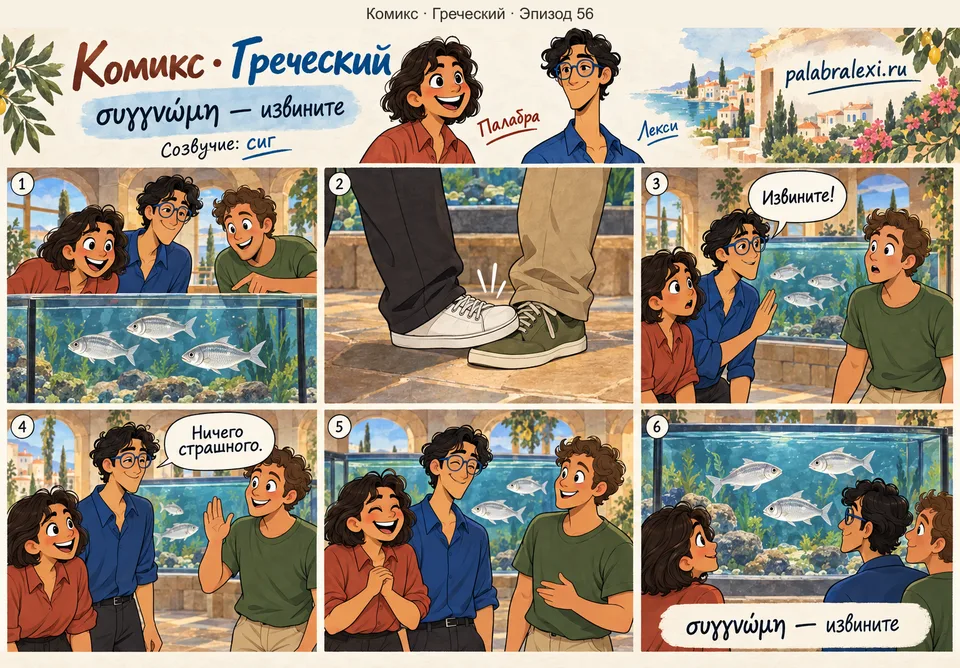 Греческий, эпизод 56: συγγνώμη — извините. У аквариума с сигами Лекси случайно наступает посетителю на ногу и извиняется.