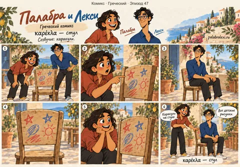 Греческий, эпизод 47: καρέκλα — стул. Палабра и Лекси рассматривают деревянный стул, украшенный каракулями.