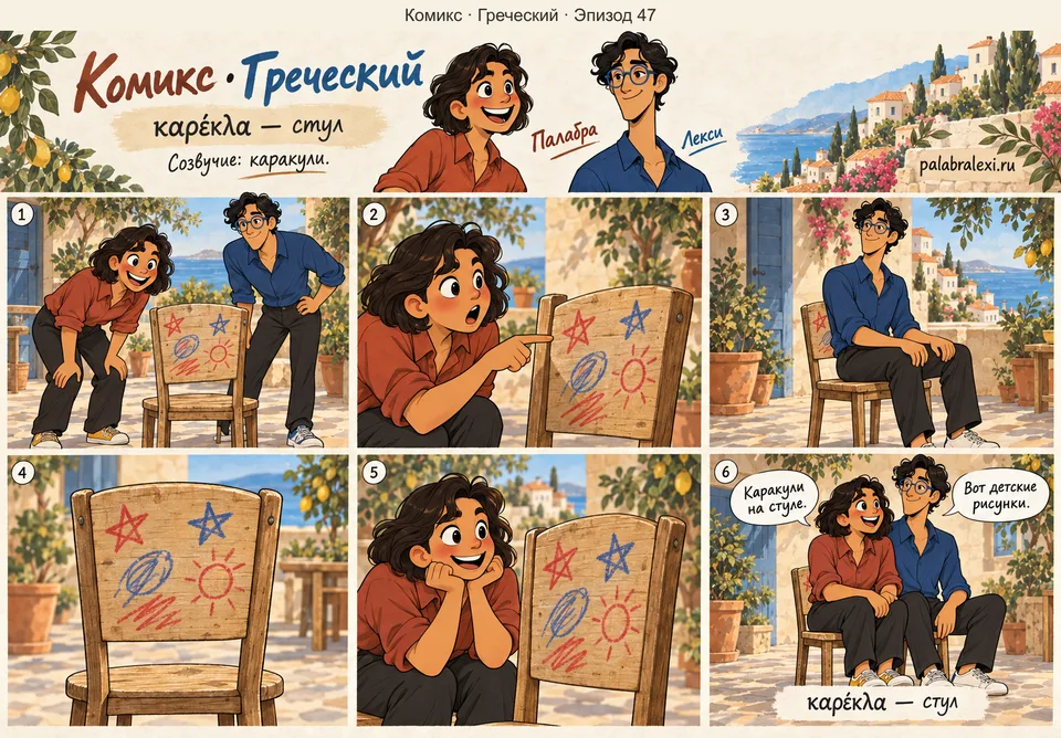 Греческий, эпизод 47: καρέκλα — стул. Палабра и Лекси рассматривают деревянный стул, украшенный каракулями.