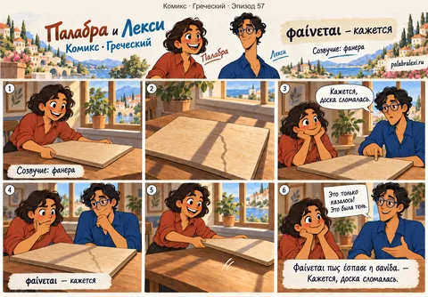Греческий, эпизод 57: φαίνεται — кажется. Линия на фанере кажется Лекси трещиной. Палабра сдвигает доску, и друзья замечают, что это была тень от окна.