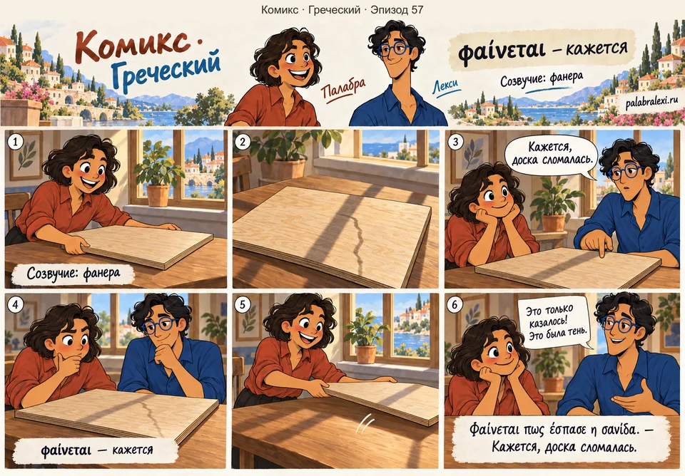Греческий, эпизод 57: φαίνεται — кажется. Линия на фанере кажется Лекси трещиной. Палабра сдвигает доску, и друзья замечают, что это была тень от окна.