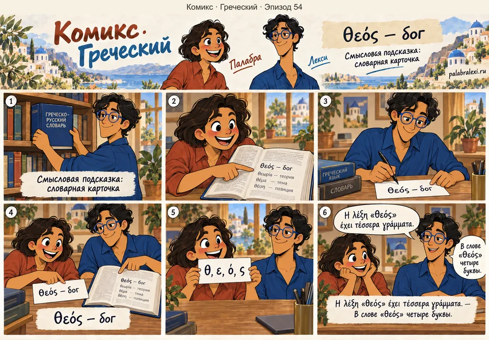 Греческий, эпизод 54: θεός — бог. Палабра и Лекси находят в словаре запись «θεός — бог», переписывают её на карточку и считают четыре буквы греческого слова.