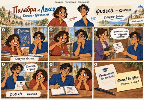 Греческий, эпизод 59: φυσικά — конечно. На занятии по физике Лекси получает приглашение на завтра. Он уверенно отвечает, что, конечно, придёт, и записывает дату.