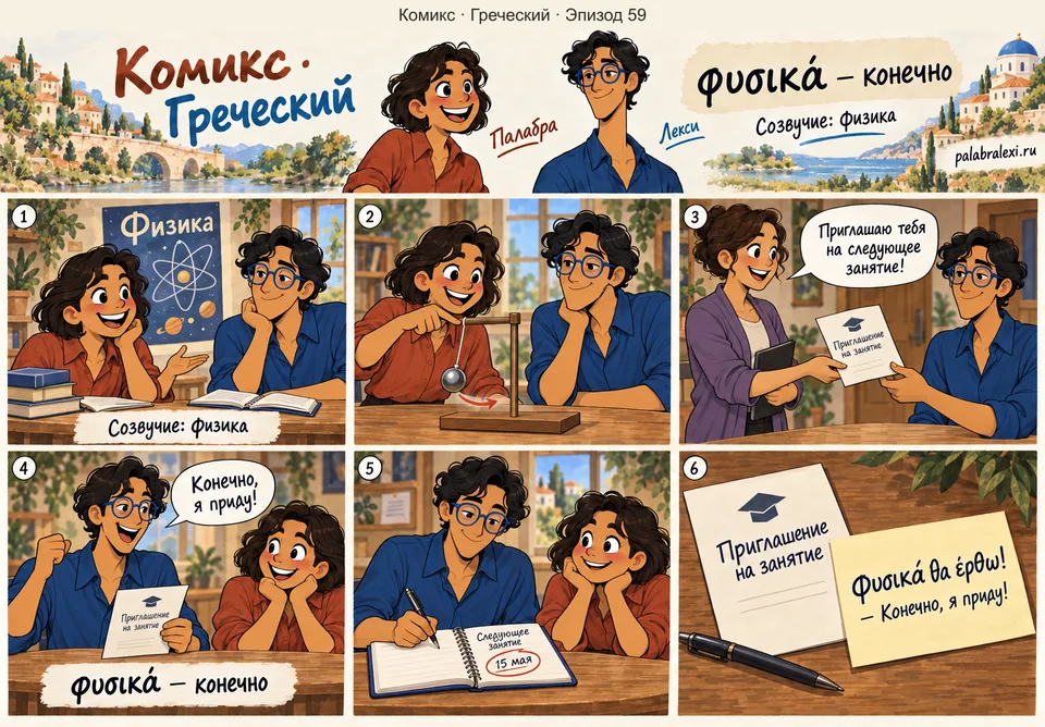 Греческий, эпизод 59: φυσικά — конечно. На занятии по физике Лекси получает приглашение на завтра. Он уверенно отвечает, что, конечно, придёт, и записывает дату.
