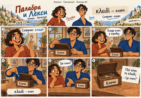 Греческий, эпизод 60: κλειδί — ключ. Палабра просит положить ключ в коробку. Позже она спрашивает, где ключ, и Лекси открывает коробку, чтобы показать его.